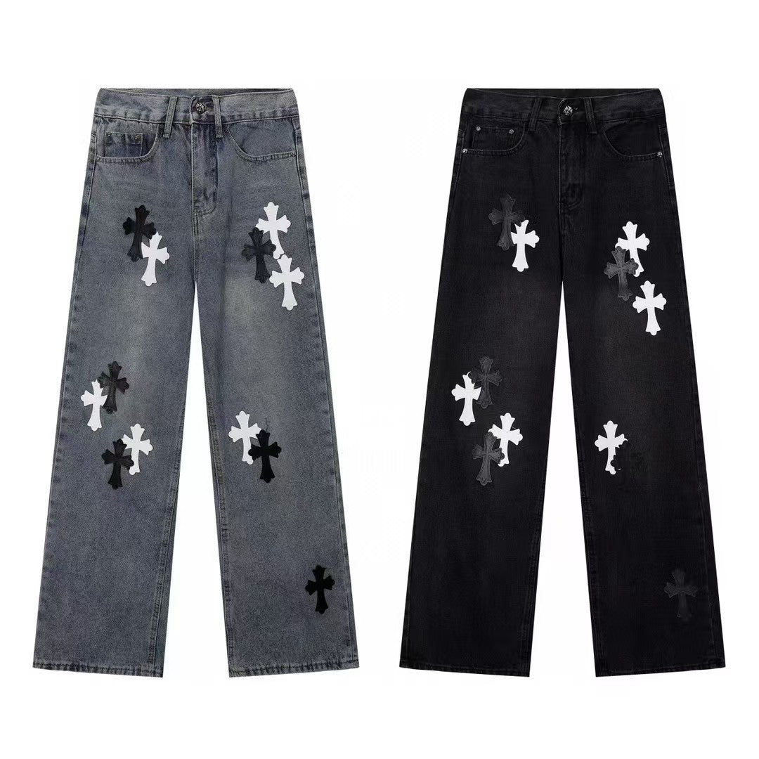 High version cross-border CH Croquet horseshoe leather cross trendy jeans in stock, unisex pants