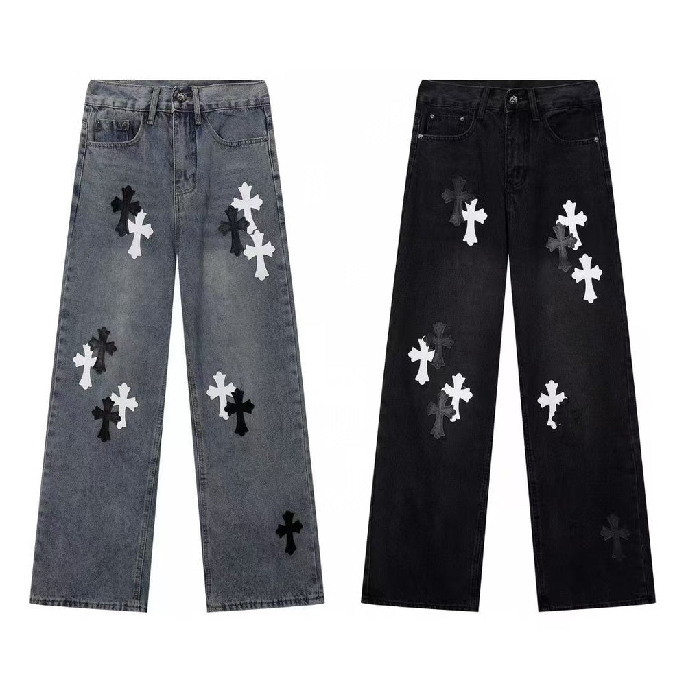 High version cross-border CH Croquet horseshoe leather cross trendy jeans in stock, unisex pants