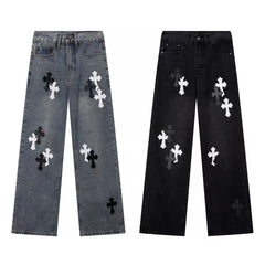 High version cross-border CH Croquet horseshoe leather cross trendy jeans in stock, unisex pants