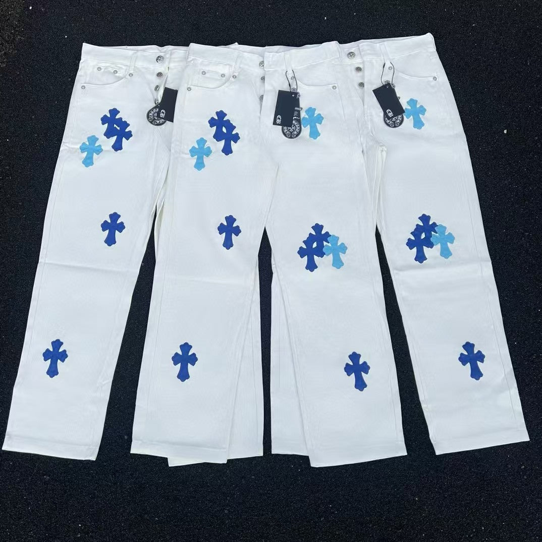 High version cross-border CH Croquet horseshoe leather cross trendy jeans in stock, unisex pants