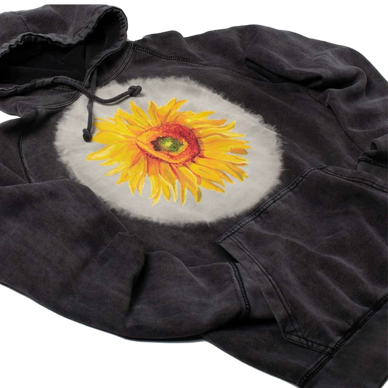 2025 Autumn/Winter 380g Heavy Weight Van Gogh Sunflower Art and Literature Washed Cotton Black Hoodie Sweatshirt