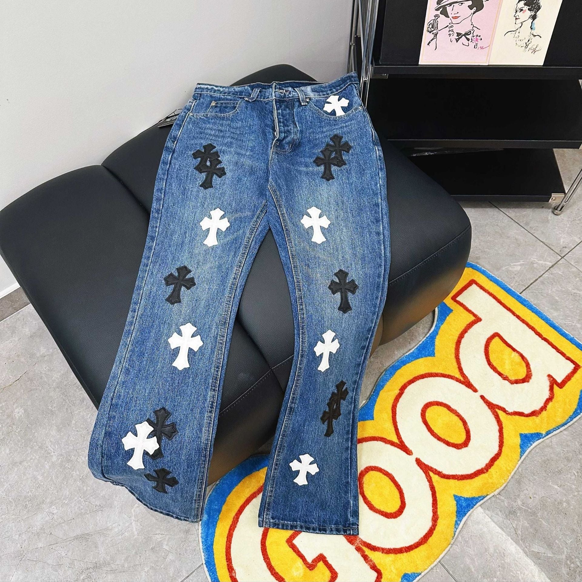 High version cross-border CH Croquet horseshoe leather cross trendy jeans in stock, unisex pants