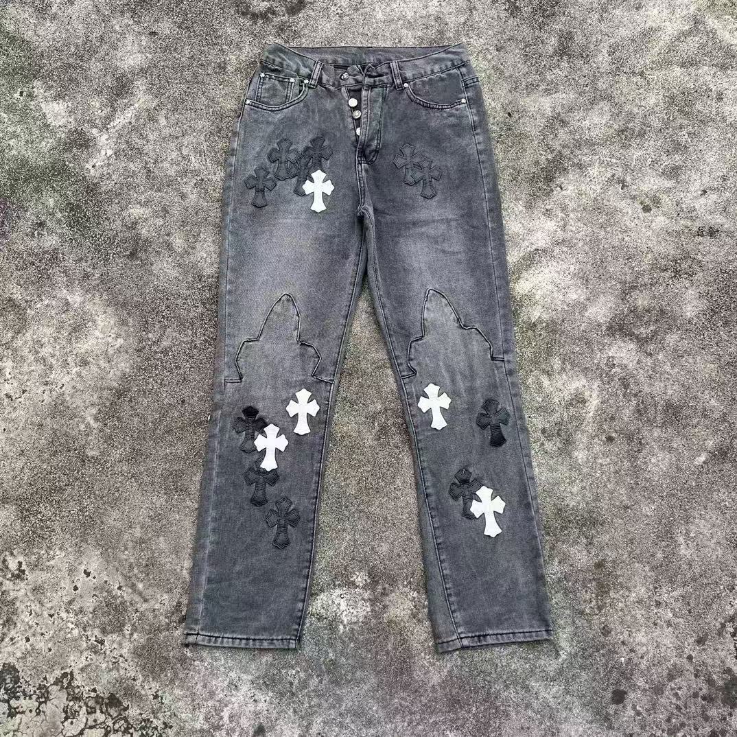 High version cross-border CH Croquet horseshoe leather cross trendy jeans in stock, unisex pants