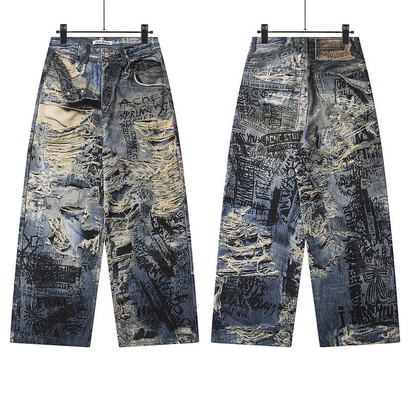 AC style erosion, destruction, hand drawn letter graffiti, 3D printing, digital printing, wide leg horn jeans, men's and women's fashion