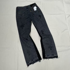 High end GALLERYDEPT. Cro patch leather cross denim bell bottoms washed and distressed patchwork jeans