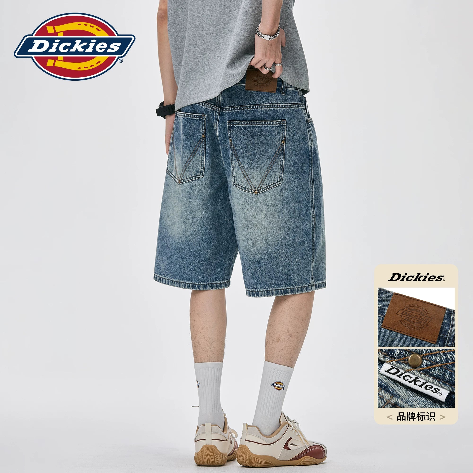 Dickies Cool American style vintage denim shorts for men in summer, loose straight leg, retro washed five quarter pants M