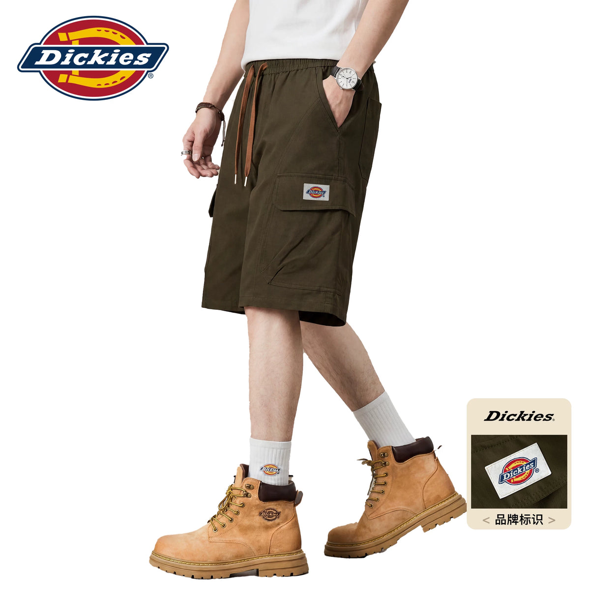 Dickies帝酷适绿色多口袋工装短裤男士夏季宽松直筒休闲五分裤M
