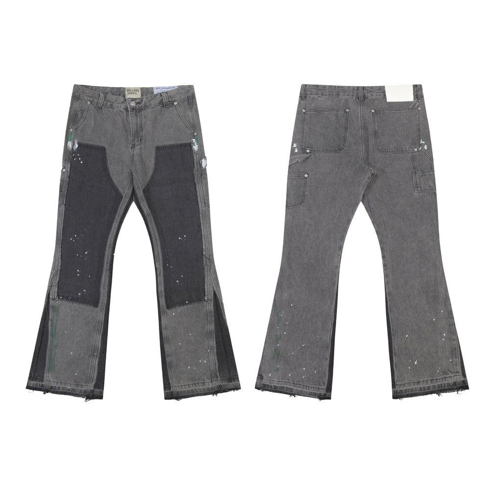 Gallery Depot American Street Trendy Splicing Patch, Splashed Paint Micro Pull Work Pants, Jeans, Versatile Pants