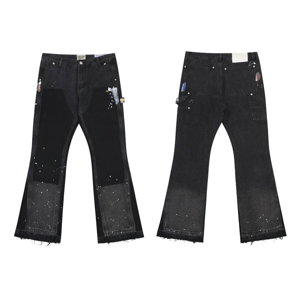Gallery Depot American Street Trendy Splicing Patch, Splashed Paint Micro Pull Work Pants, Jeans, Versatile Pants
