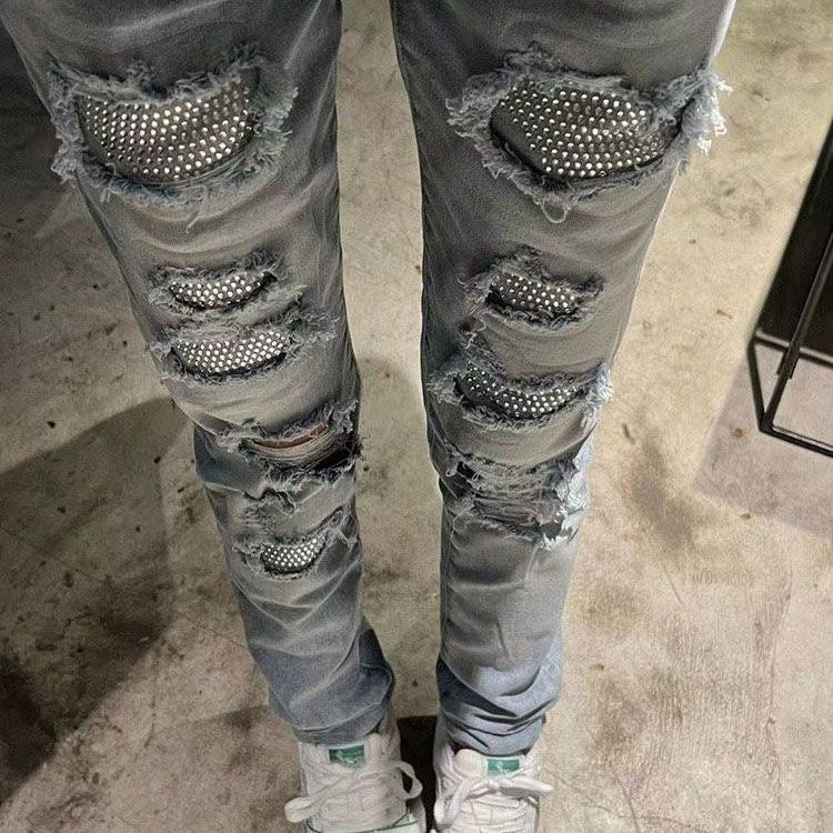 Autonomous AMIRI blue hot stamping perforated jeans long pants high street basic perforated tight elastic jeans