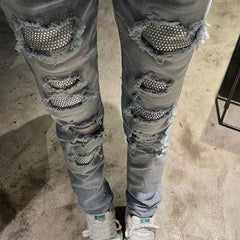 Autonomous AMIRI blue hot stamping perforated jeans long pants high street basic perforated tight elastic jeans