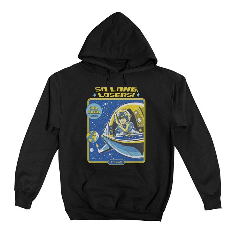 Autumn and winter 380g heavy loose men's pure cotton thick European and American dark fun illustration direct spray hooded sweatshirt