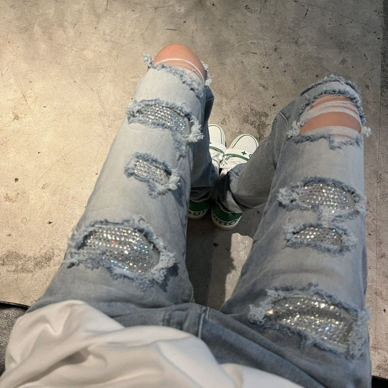 Autonomous AMIRI blue hot stamping perforated jeans long pants high street basic perforated tight elastic jeans