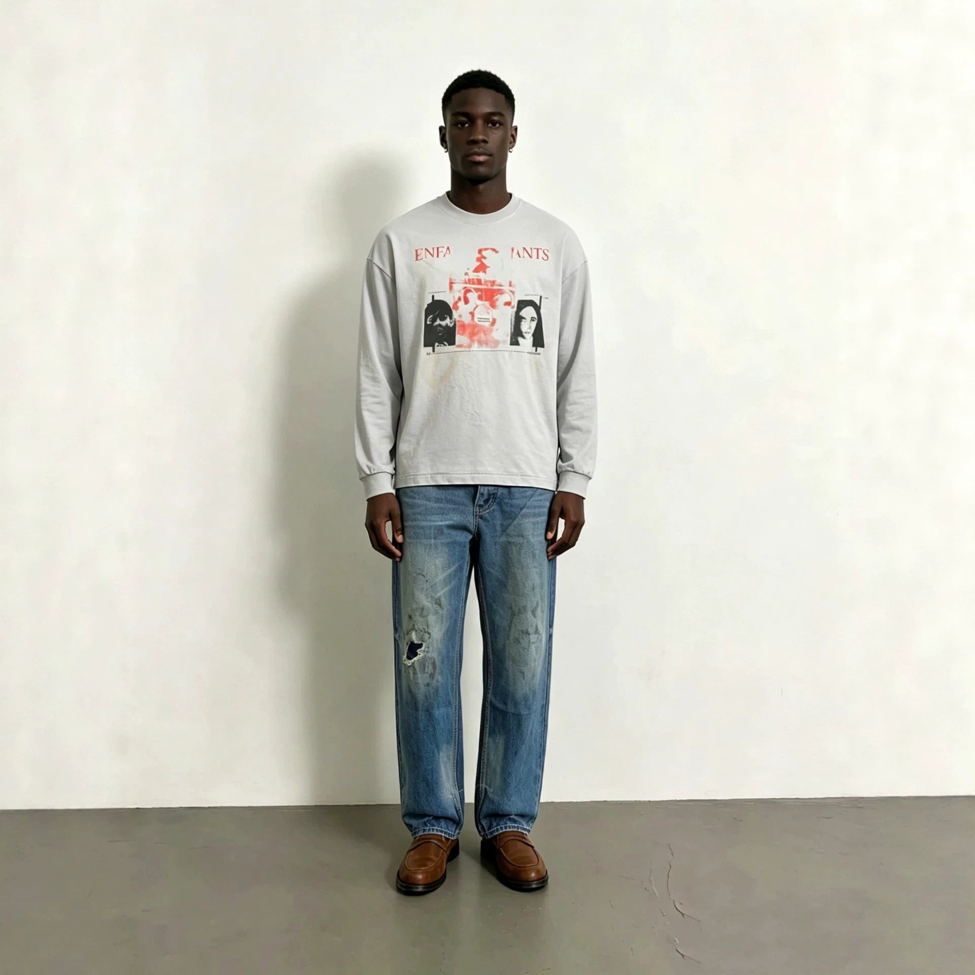EnfantsRiches Deporimes new washed, knife cut, damaged, burned, slightly flared, worn, dirty jeans