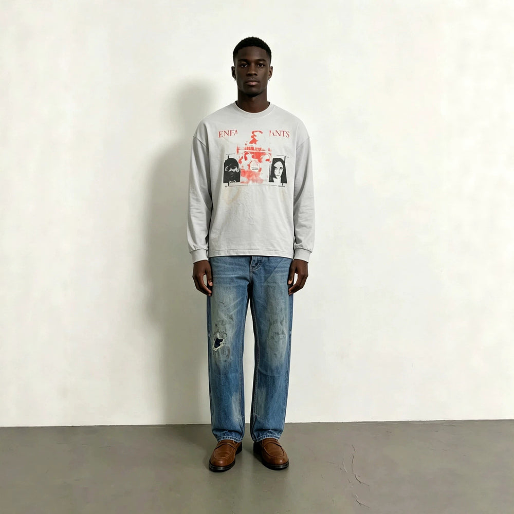 EnfantsRiches Deporimes new washed, knife cut, damaged, burned, slightly flared, worn, dirty jeans