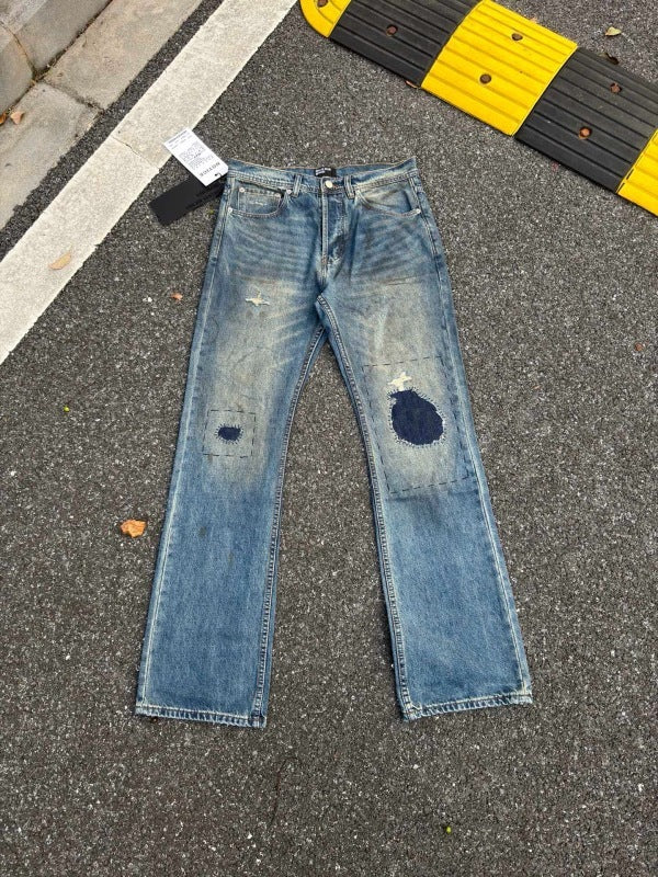 Erd Melancholy Rich Second Generation Scratch, Make Old Patches, Hand Sew, Middle Waist, Patchwork Details, Trumpet Jeans, Men's and Women's Styles