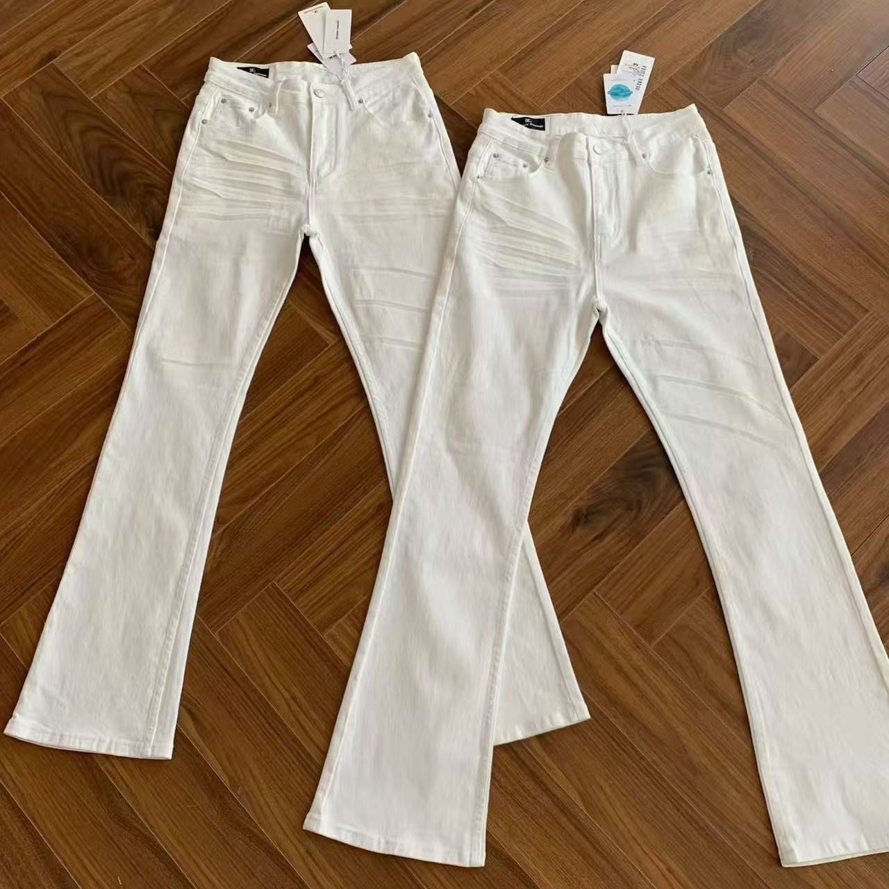 American style high elasticity 517 white cowhide creased cat whisker jeans with micro flared cleanfit slim fit, men's slim pants