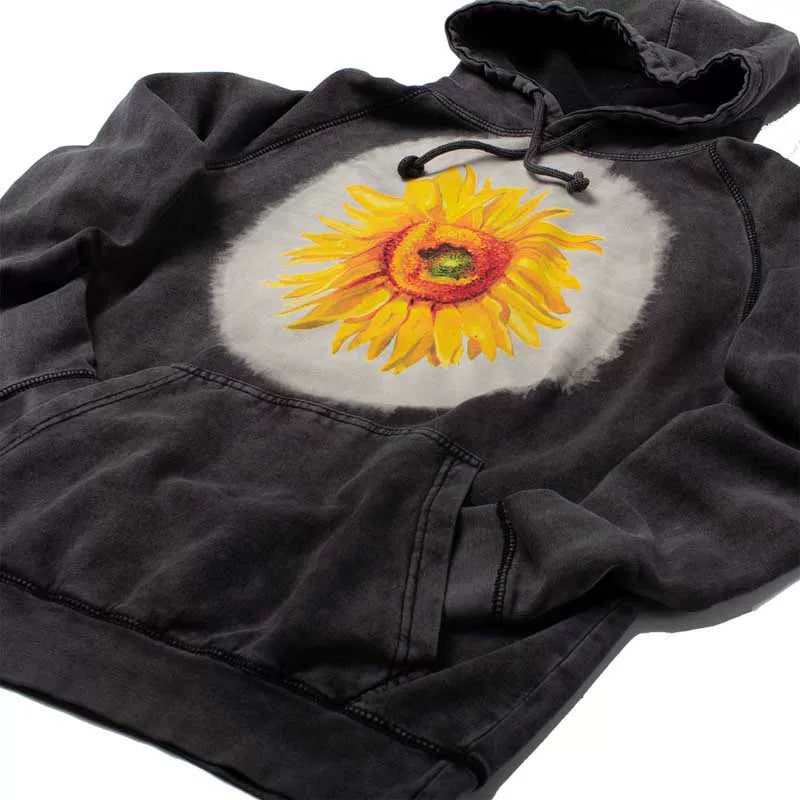 2025 Autumn/Winter 380g Heavy Weight Van Gogh Sunflower Art and Literature Washed Cotton Black Hoodie Sweatshirt