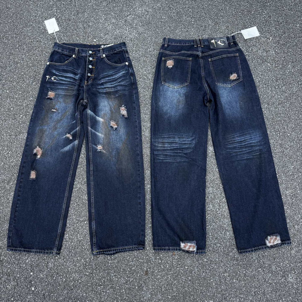 Cross border new THUGCLUB dirty mud and wash water to make old and distressed retro style loose jeans for both men and women