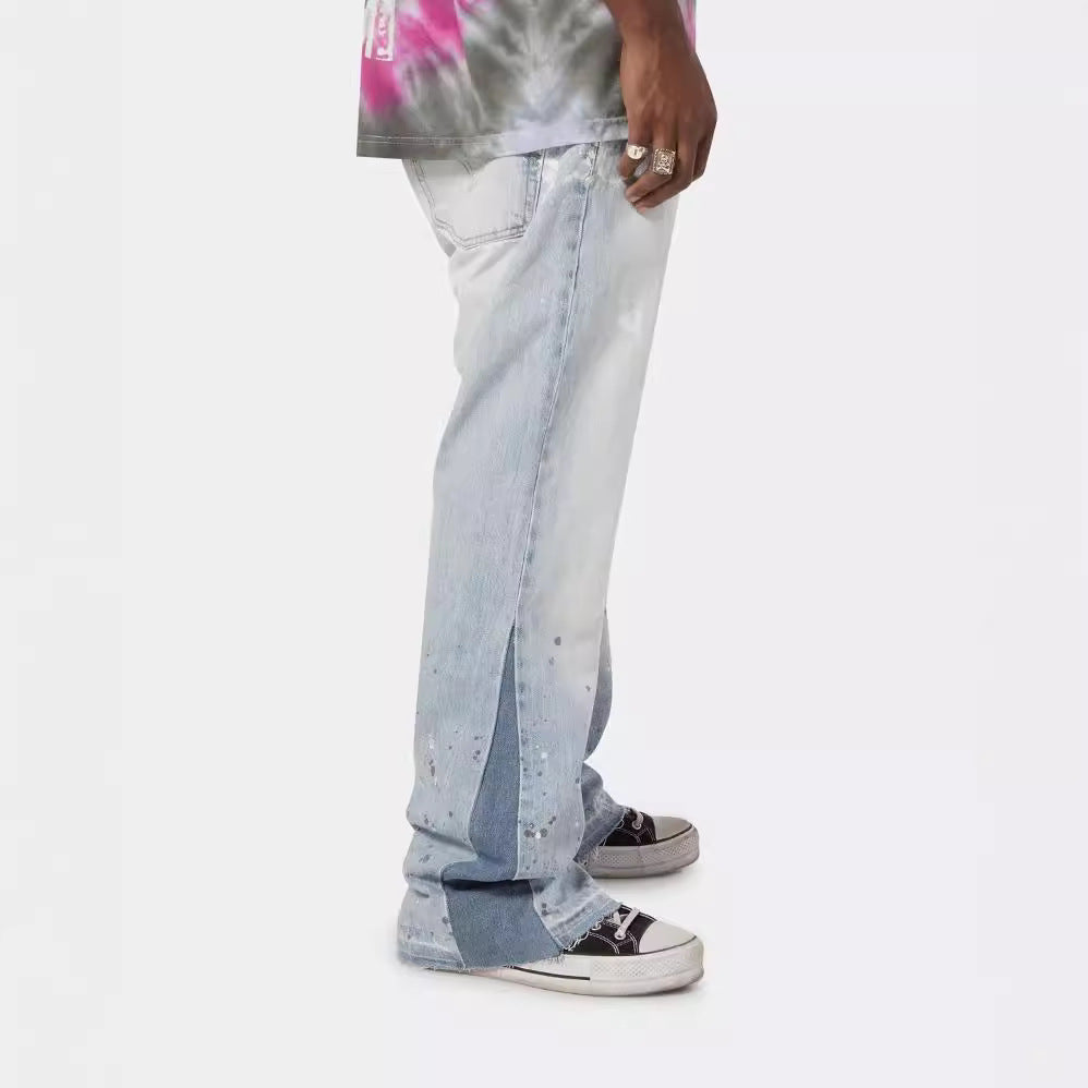 Gallery Depot Versatile Inkjet Drilled Hole Washed Micro Pull Splicing Jeans American Casual Pants