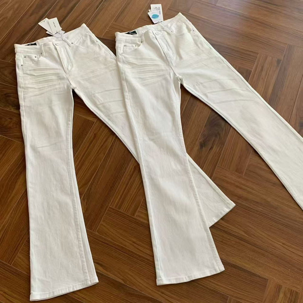 American style high elasticity 517 white cowhide creased cat whisker jeans with micro flared cleanfit slim fit, men's slim pants