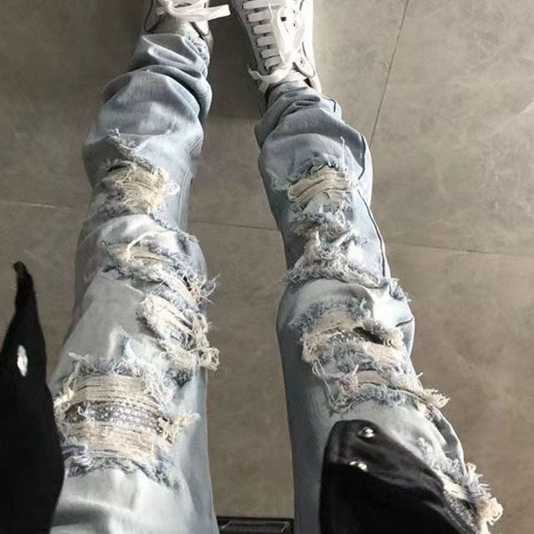 Autonomous AMIRI blue hot stamping perforated jeans long pants high street basic perforated tight elastic jeans