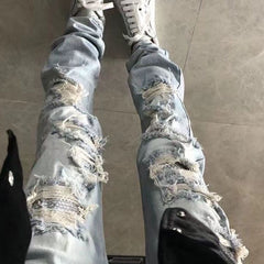 Autonomous AMIRI blue hot stamping perforated jeans long pants high street basic perforated tight elastic jeans