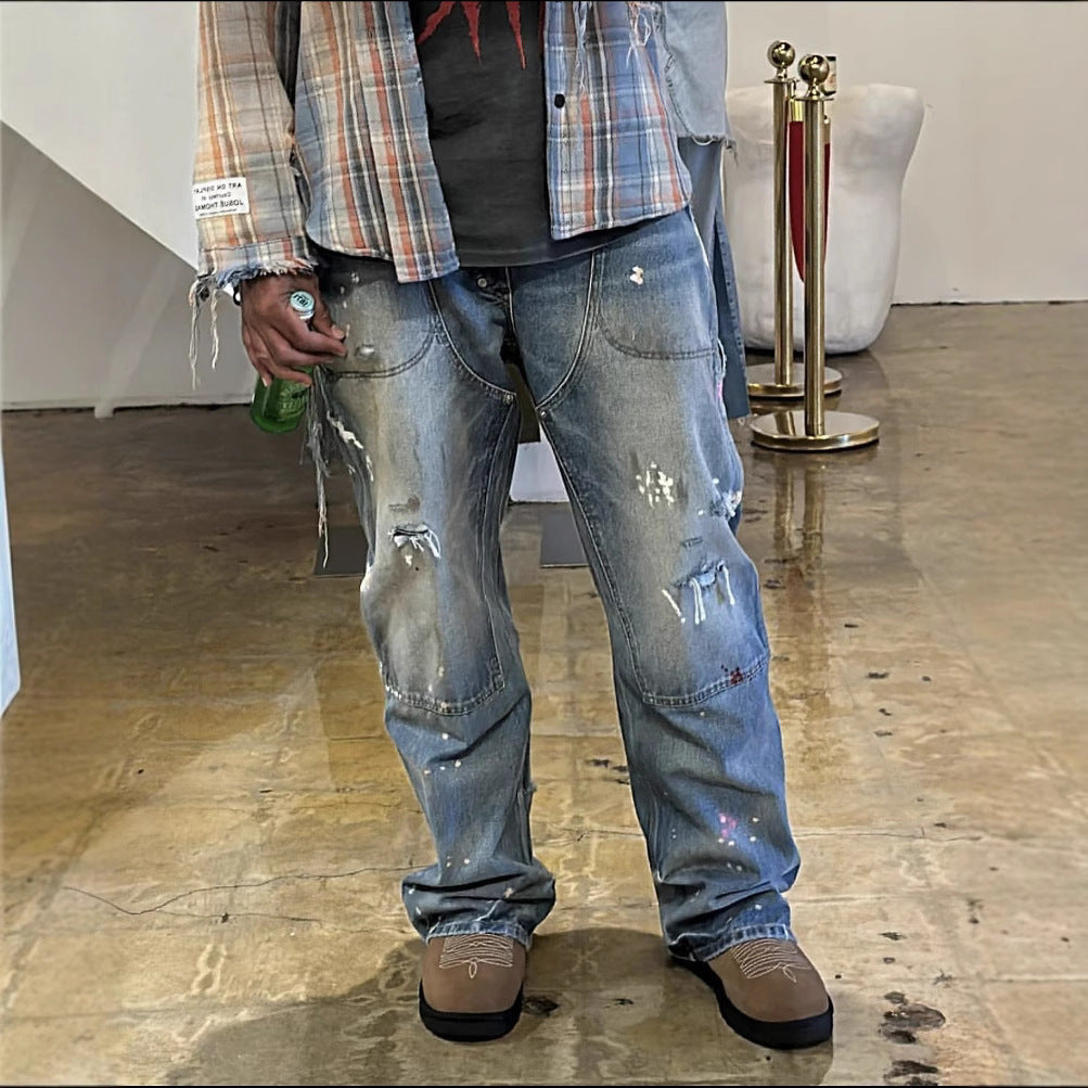 Gallery Dept25 New American High Street Washed, Used, Graffiti Painted, Splashed Ink, Broken Hole Straight leg Jeans