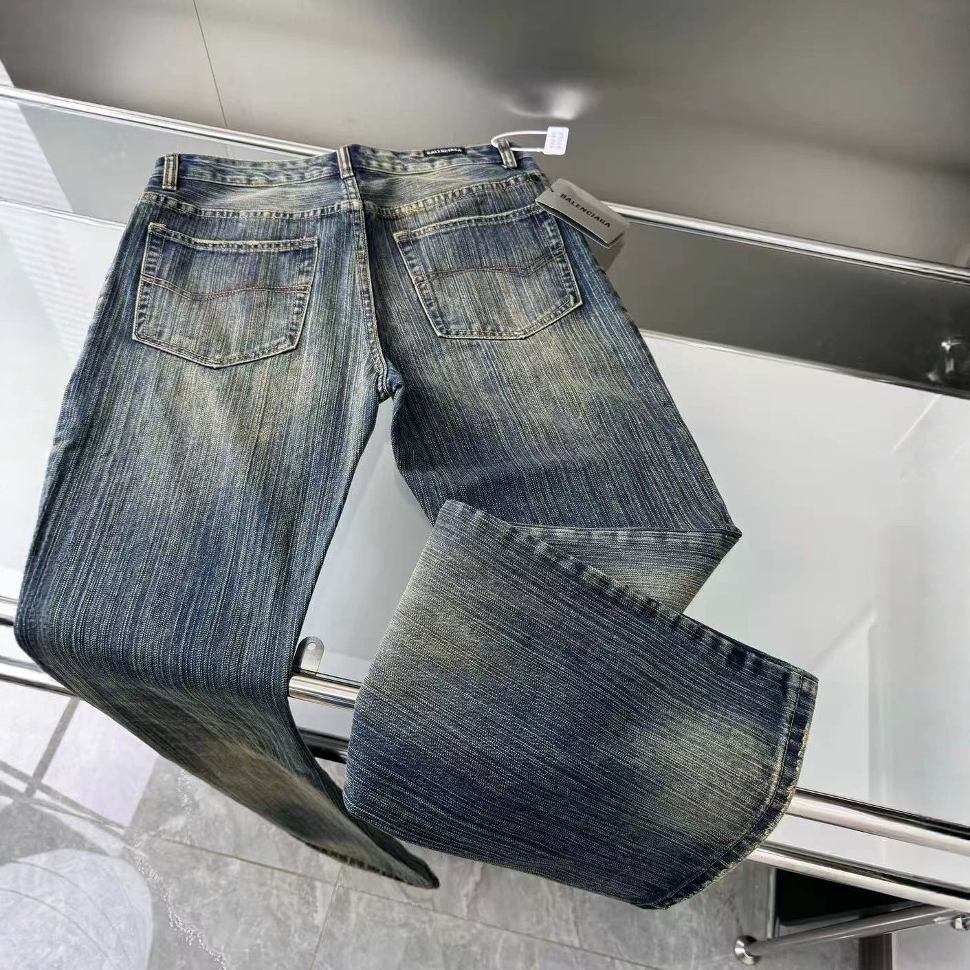 B Paris bootcut washed faded distressed bamboo striped micro flared jeans
