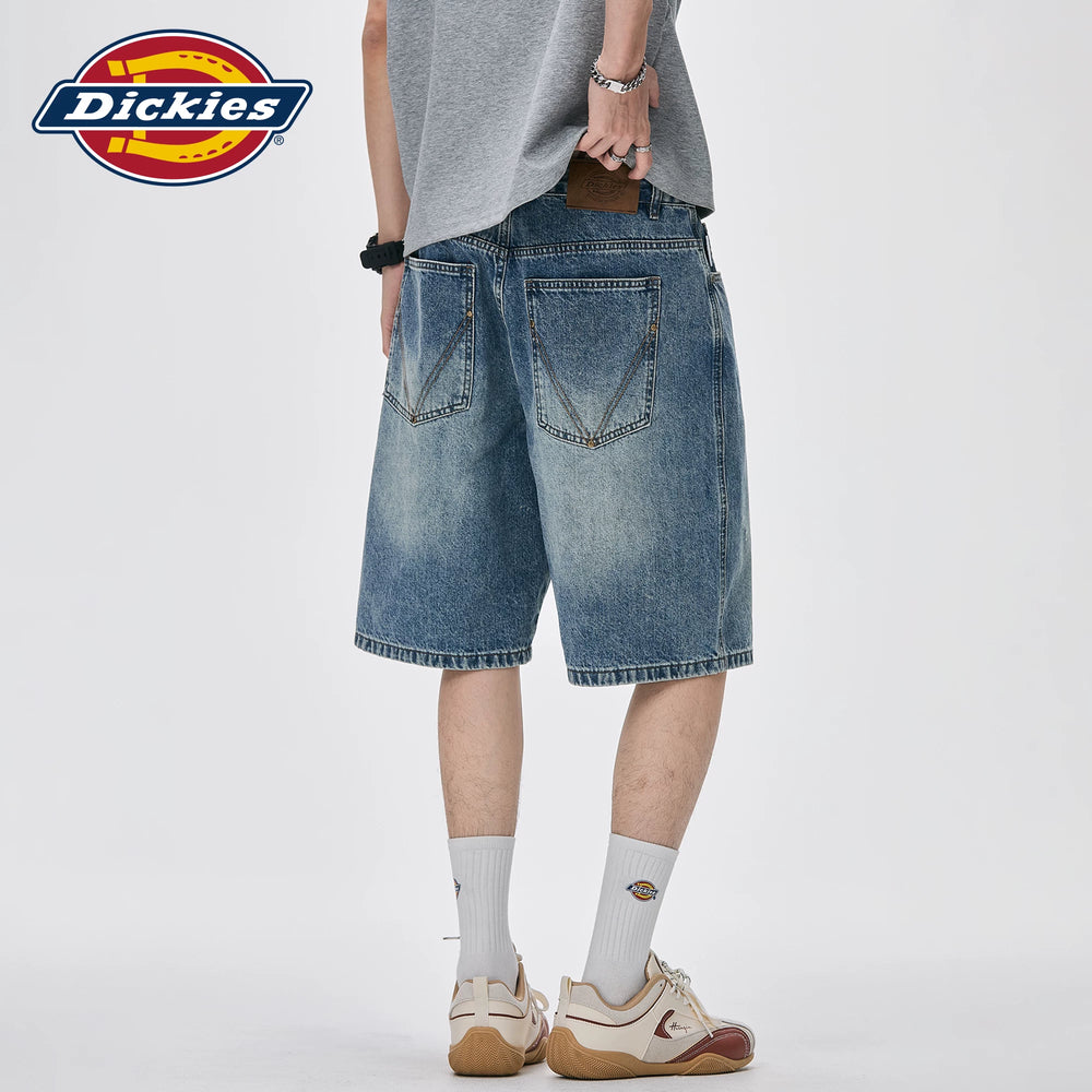 Dickies Cool American style vintage denim shorts for men in summer, loose straight leg, retro washed five quarter pants M