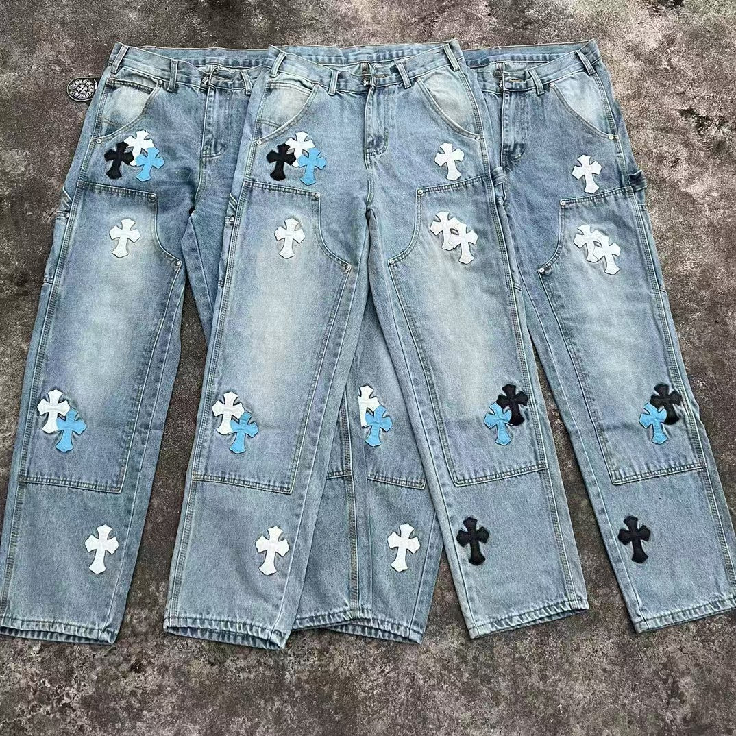 High version cross-border CH Croquet horseshoe leather cross trendy jeans in stock, unisex pants