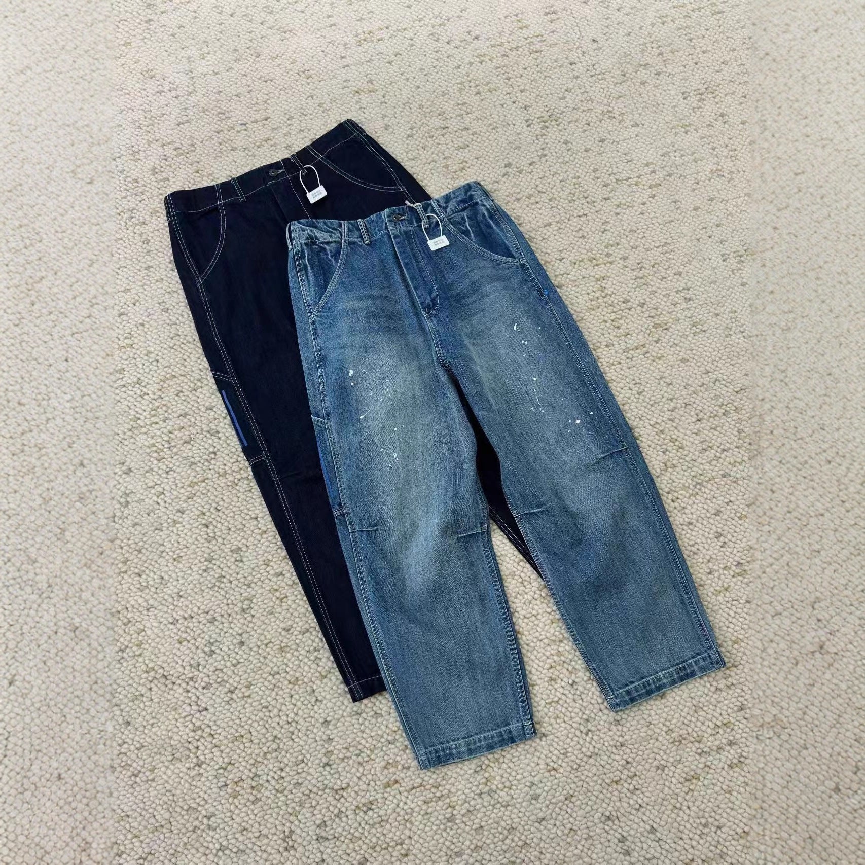 Japanese high street fashion retro heavy industry silhouette loose washed, done old, splashed ink hand-painted wide leg narrow foot painter jeans