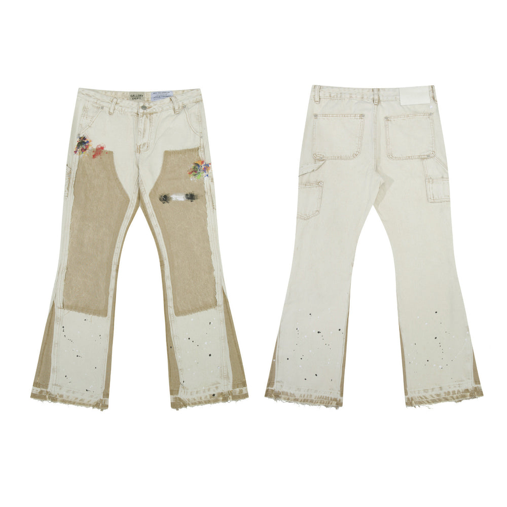 Gallery Depot American Street Trendy Splicing Patch, Splashed Paint Micro Pull Work Pants, Jeans, Versatile Pants