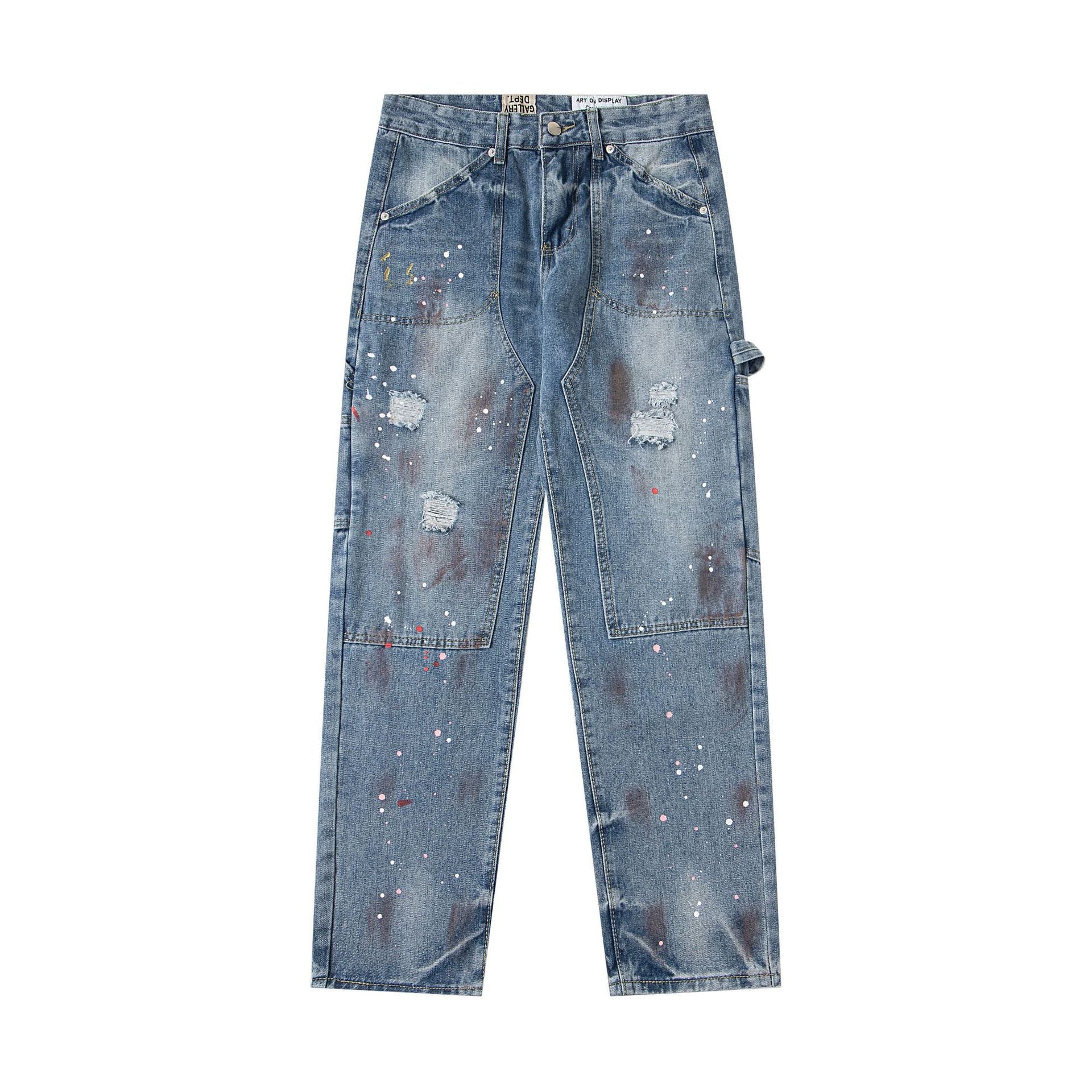 Gallery Dept25 New American High Street Washed, Used, Graffiti Painted, Splashed Ink, Broken Hole Straight leg Jeans