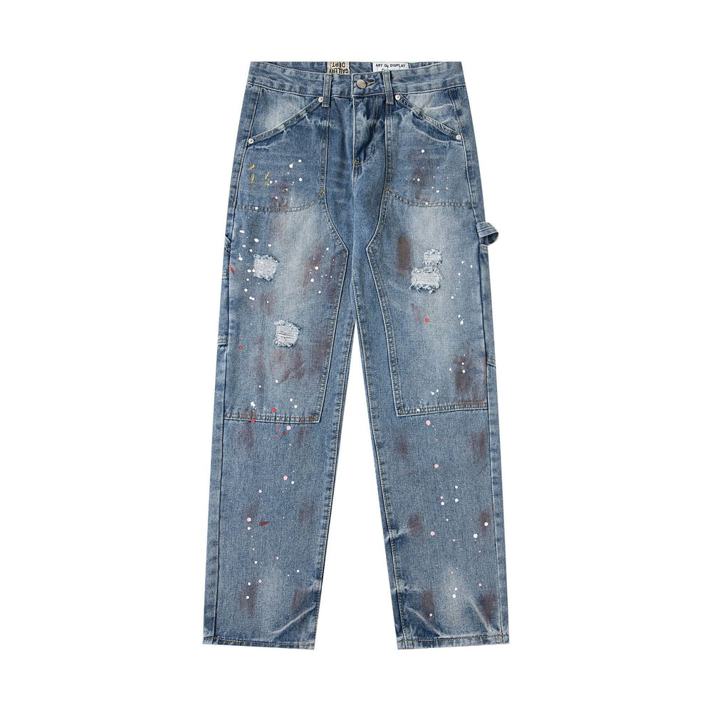 Gallery Dept25 New American High Street Washed, Used, Graffiti Painted, Splashed Ink, Broken Hole Straight leg Jeans