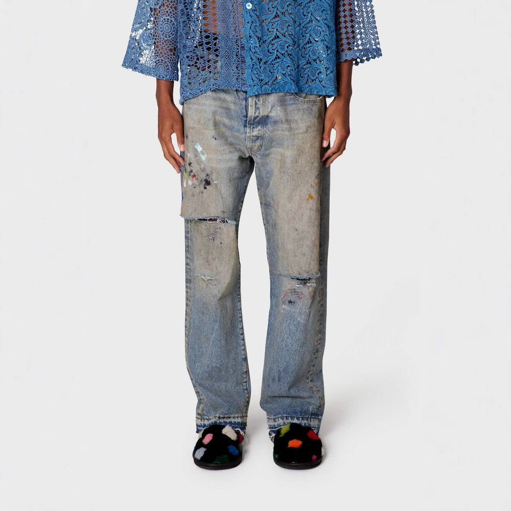 Gallery Dept25 New American High Street Washed, Used, Graffiti Painted, Splashed Ink, Broken Hole Straight leg Jeans