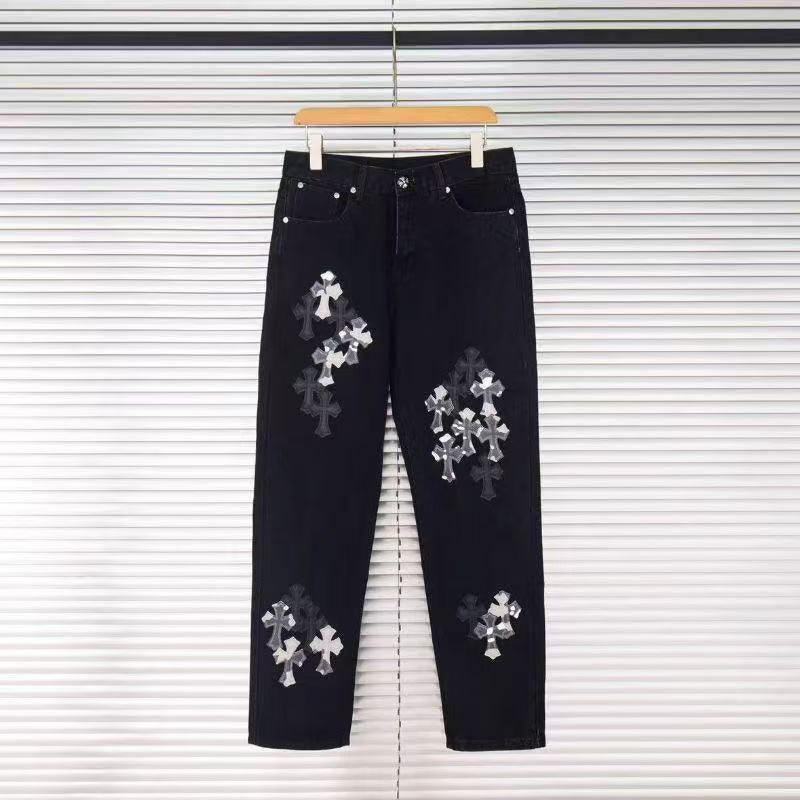 26ss Cross Border Cross Black Multi Leather Element Details Full of Water Washed Jeans for Men and Women