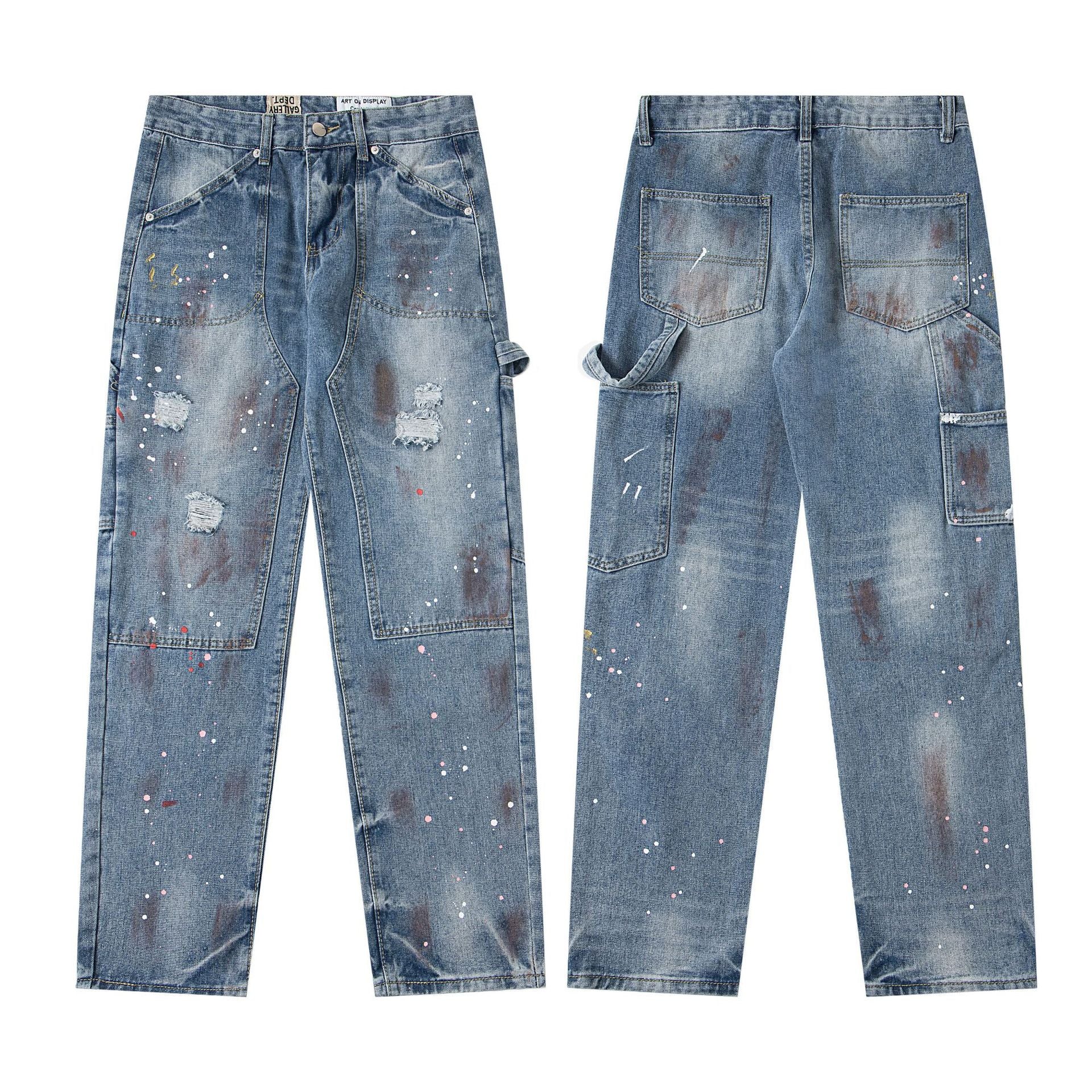 Gallery Dept25 New American High Street Washed, Used, Graffiti Painted, Splashed Ink, Broken Hole Straight leg Jeans