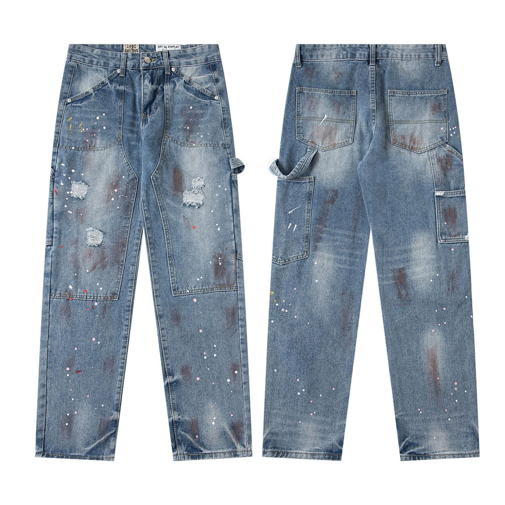 Gallery Dept25 New American High Street Washed, Used, Graffiti Painted, Splashed Ink, Broken Hole Straight leg Jeans