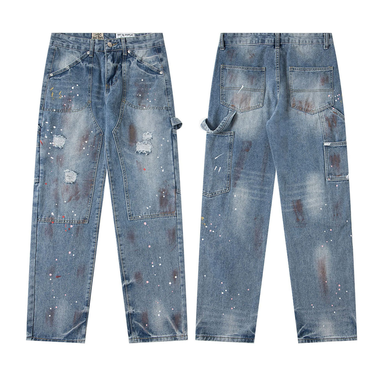 Gallery Dept25 New American High Street Washed, Used, Graffiti Painted, Splashed Ink, Broken Hole Straight leg Jeans