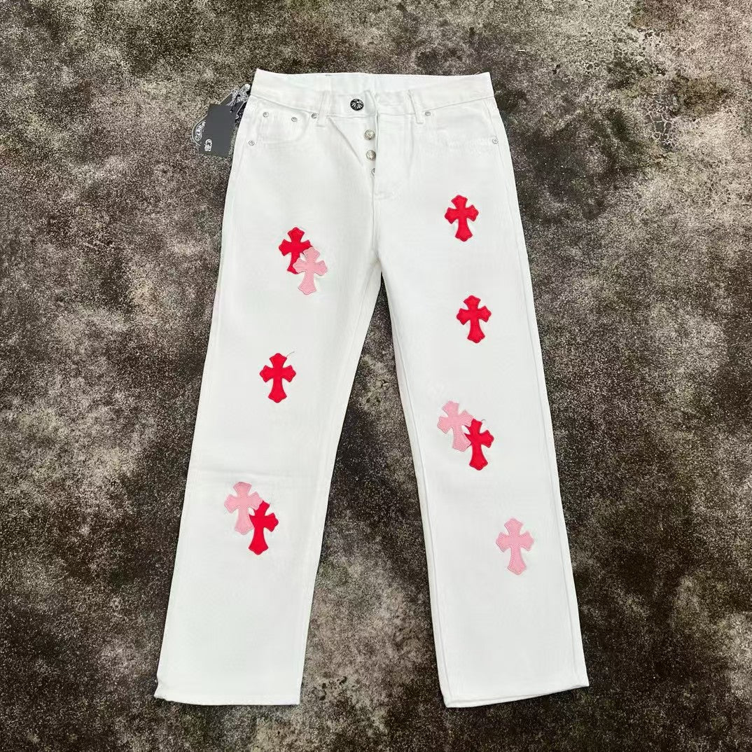High version cross-border CH Croquet horseshoe leather cross trendy jeans in stock, unisex pants