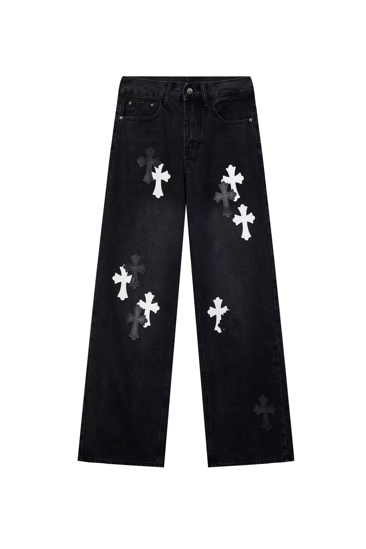 High version cross-border CH Croquet horseshoe leather cross trendy jeans in stock, unisex pants
