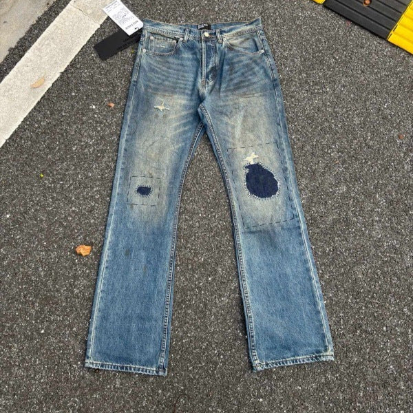 Erd Melancholy Rich Second Generation Scratch, Make Old Patches, Hand Sew, Middle Waist, Patchwork Details, Trumpet Jeans, Men's and Women's Styles
