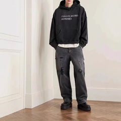 ERD's melancholic wealthy second-generation, heavy water washed, damaged, worn, blood stained, knife cut, dirty, dyed, logging pants, straight leg jeans