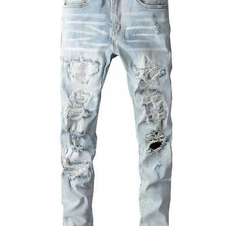 Autonomous AMIRI blue hot stamping perforated jeans long pants high street basic perforated tight elastic jeans