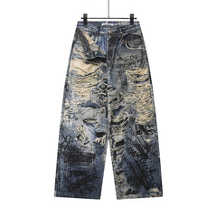 AC style erosion, destruction, hand drawn letter graffiti, 3D printing, digital printing, wide leg horn jeans, men's and women's fashion