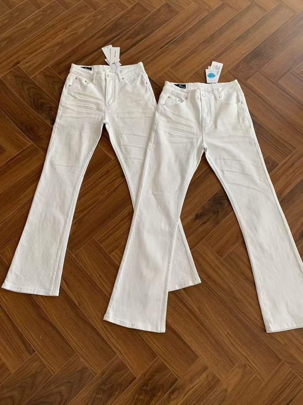 American style high elasticity 517 white cowhide creased cat whisker jeans with micro flared cleanfit slim fit, men's slim pants