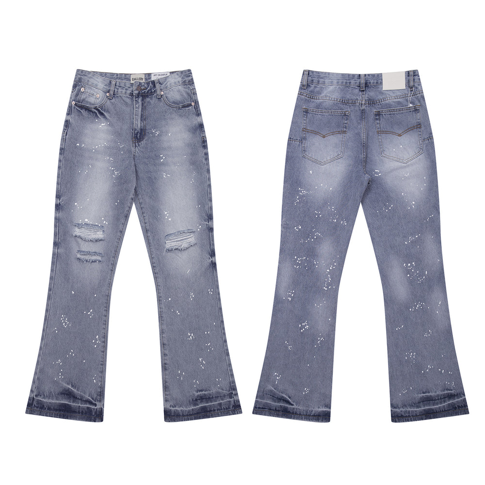 Gallery Depot Versatile Inkjet Drilled Hole Washed Micro Pull Splicing Jeans American Casual Pants