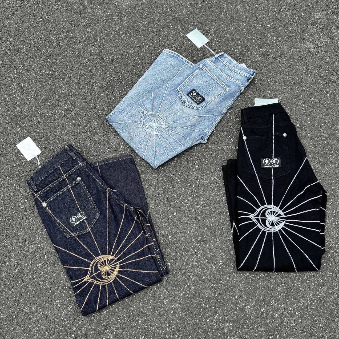 Top version TC embroidered spider web mid waist loose jeans men's embroidered washed hanging casual wide leg pants