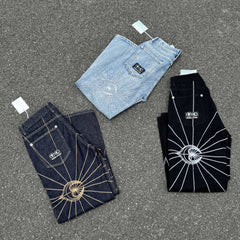 Top version TC embroidered spider web mid waist loose jeans men's embroidered washed hanging casual wide leg pants